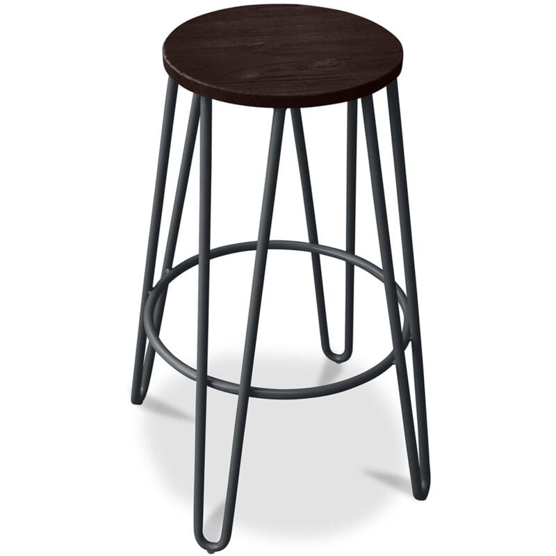 Privatefloor - Tabouret rond - Design industriel - Bois et métal - 66cm - Hairpin Gris foncé