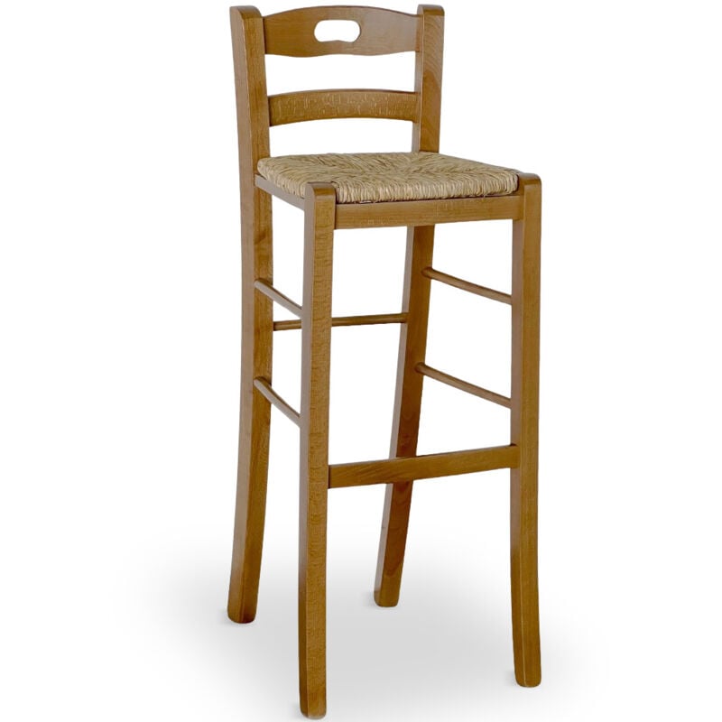 Okaffarefatto - Tabouret de bar en noyer clair avec poignée h 80 cm assise en paille