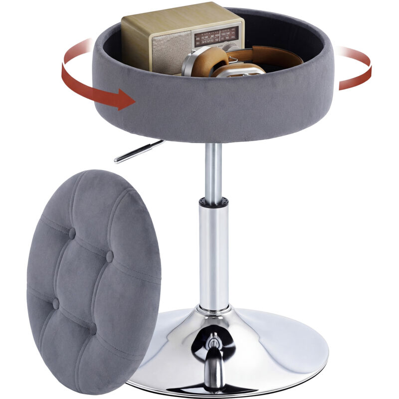 Tabouret de coiffeuse - HOMCOM - réglable hauteur 49-65 cm, pivotant - avec rangement - base métal assise velours capitonné - gris