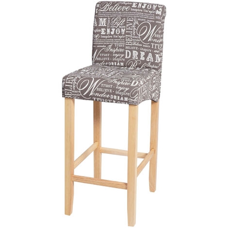 Tabouret de bar HWC-C33, tabouret de comptoir, bois - écriture, gris, pieds clairs, tissu/textile