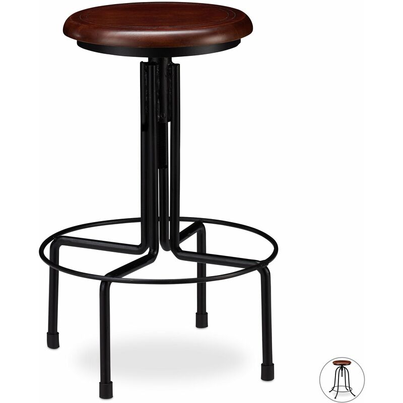helloshop26 - tabouret de bar industriel chaise ronde hauteur reglable jusqu a 65 cm noir marron fer bois bois