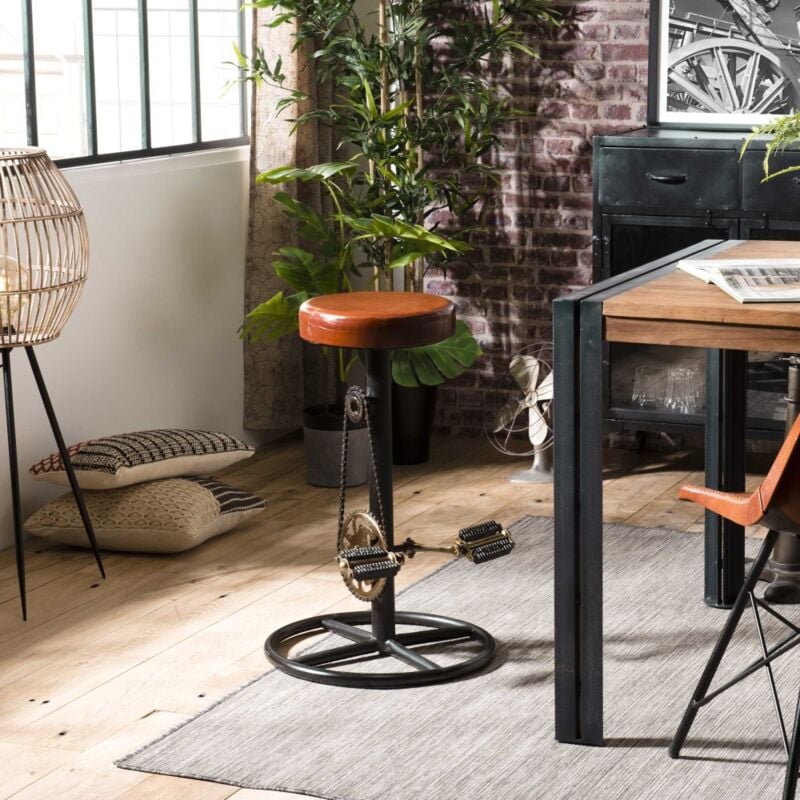 robin - tabouret de bar industriel cuir marron pieds metal noir deco pedales noir
