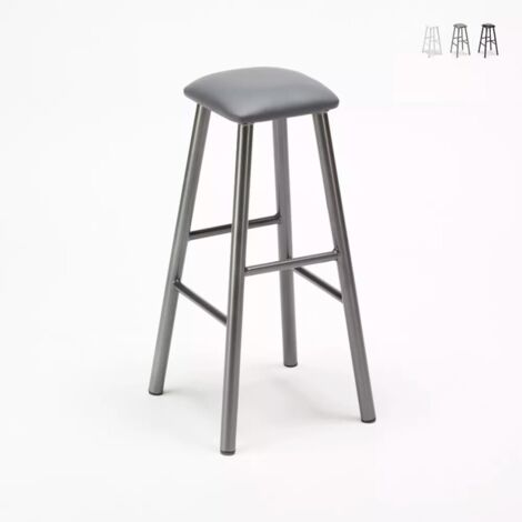 Tabouret de bar industriel en métal avec coussin en similicuir - Gris