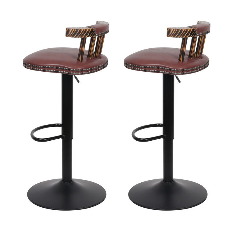 lot de 2 tabouret bar industriel reglable en hauteur 60-80cm avec dossier et repos-pieds siege bois metal marron