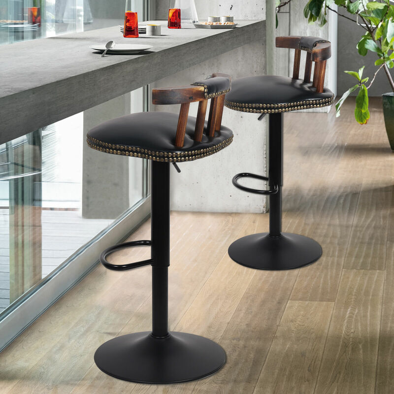 tabouret de bar industriel lot 2 chaise rotative en bois et metal siege vintage avec dossier repos-pieds hauteur reglable