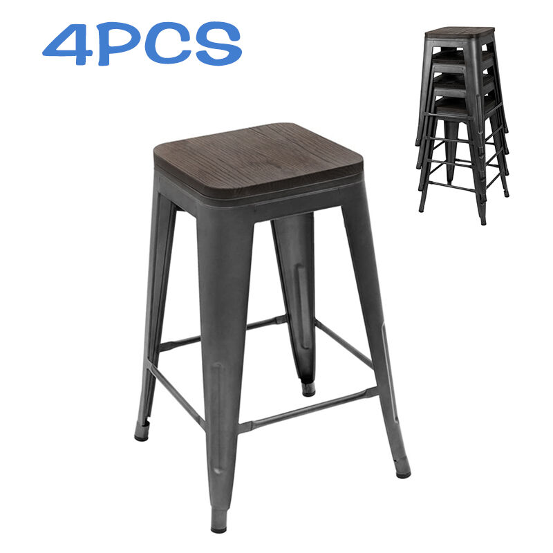 tabouret de bar industriel lot 4 tabourets haut industriels 76,5cm metal et bois, chaise empilable pour exterieur interieur, max. 150kg
