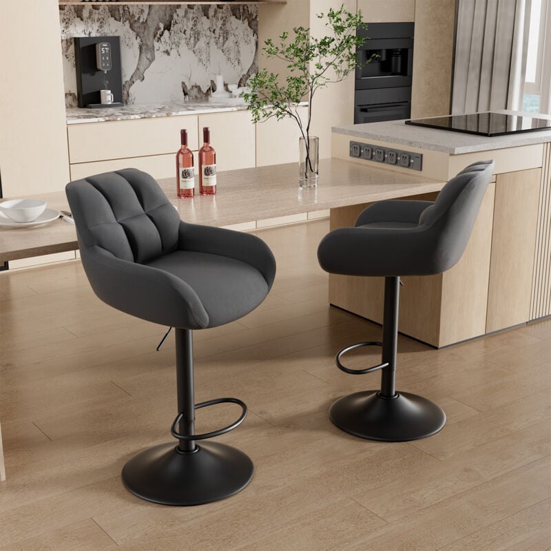 Tabouret de Bar Lot de 2, Chaise de Bar avec Dossier et accoudoir, Tabouret Ergonomique avec Repose-Pieds ,Tabouret Rembourré,Gris