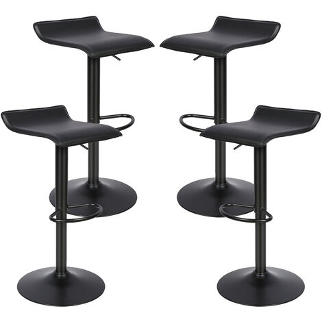 Tabouret de bar, Lot de 4, 360 degrés rotatif, Avec repose-pieds, Tabouret pivotant, Hauteur réglable : 55-75 cm, Siège en cuir dur, Noir