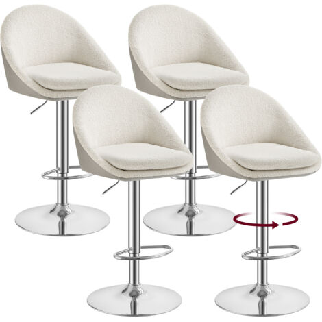 Tabouret de Bar, Lot de 4, Chaise de Cuisine, Réglable en Hauteur, Pivotant à 360°, avec Dossier, Socle, Repose-pieds, Acier, Bar, Salle à manger, Blanc Crème et Gris Argenté