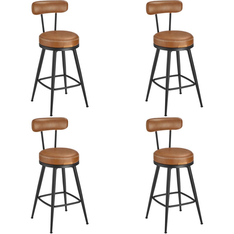 Tabouret de Bar, Lot de 4, Chaise de Cuisine, Siège Rembourré, PU avec Coutures, Style Moderne Mi-siècle, Hauteur 65 cm, pour Cuisine, Bar, Marron