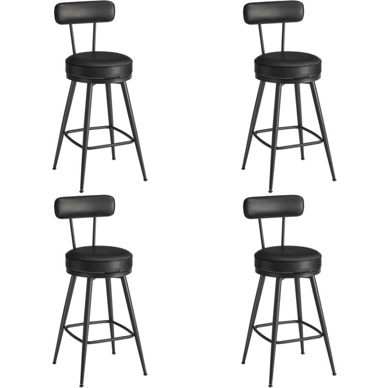 Tabouret de Bar, Lot de 4, Chaise de Cuisine, Siège Rembourré, PU avec Coutures, Style Moderne Mi-siècle, Hauteur 65 cm, pour Cuisine, Bar, Noir