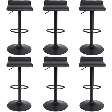 Tabouret de bar, Lot de 6, 360 degrés rotatif, Avec repose-pieds, Tabouret pivotant, Hauteur réglable : 55-75 cm, Siège en cuir dur, Noir