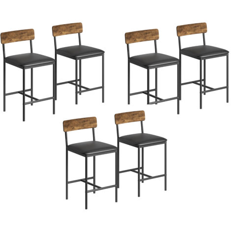 Tabouret de Bar, Lot de 6, avec Dossier, Siège de 95 cm de Haut, Montage Facile, Style Industriel, Marron Rustique et Noir