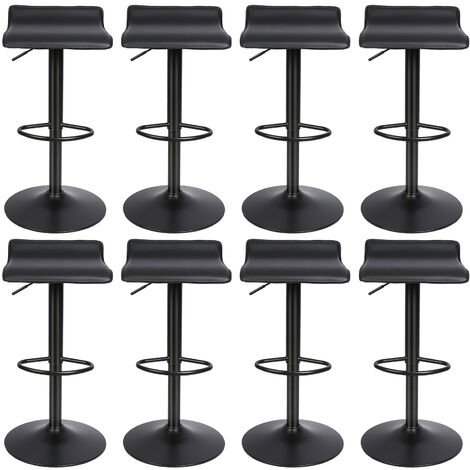 Tabouret de bar, Lot de 8, 360 degrés rotatif, Avec repose-pieds, Tabouret pivotant, Hauteur réglable : 55-75 cm, Siège en cuir dur, Noir