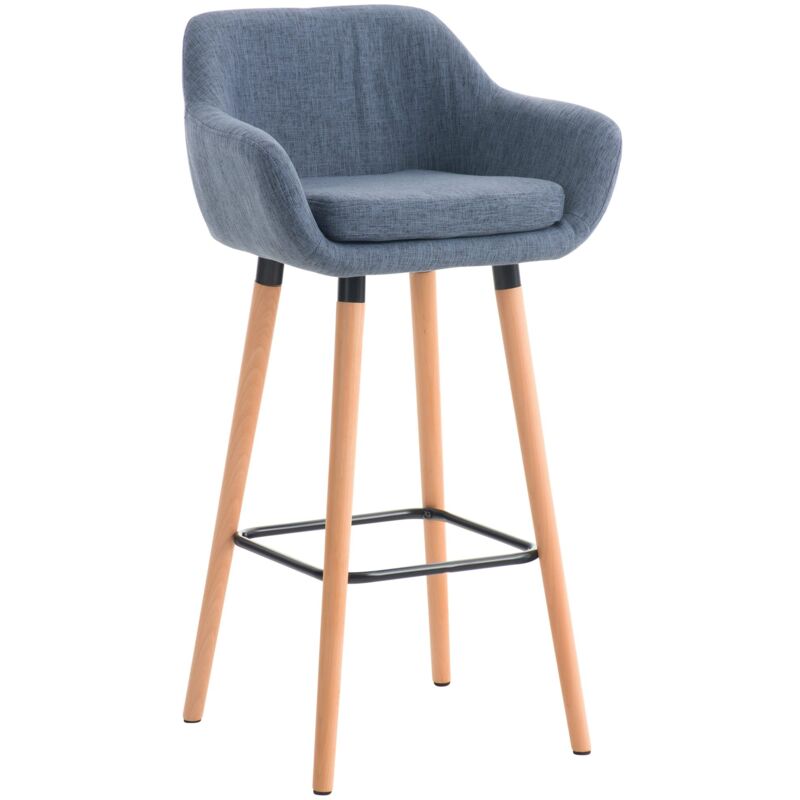 Tabouret de bar lounge x1 design scandinave assise en tissu bleu pieds en bois repose-pieds en métal 100004920