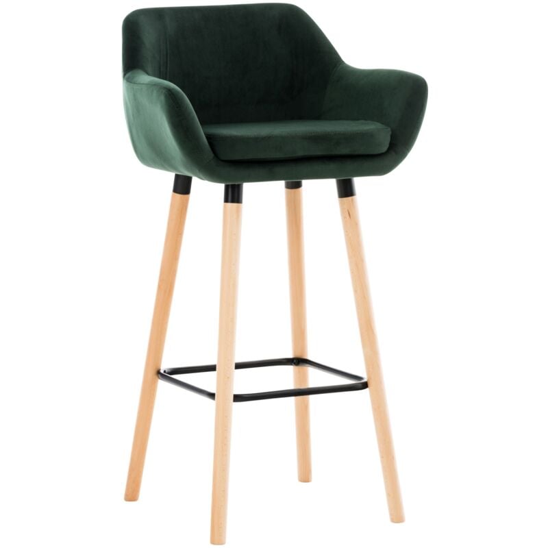 Décoshop26 - Tabouret de bar lounge x1 design scandinave assise en velours vert pieds en bois repose-pieds en métal 100004911
