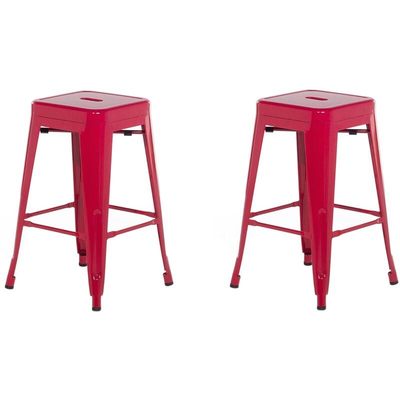 Beliani - Lot 2 Chaises Tabourets de Bar Industriels en Acier Rouge 60 cm Empilables et Pratiques pour Cuisine ou Salle à Manger au Design Moderne