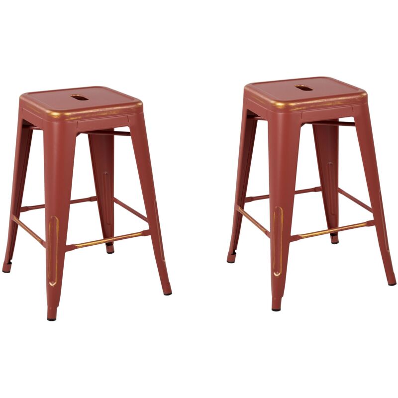 Beliani - Lot 2 Chaises Tabourets de Bar Industriels en Acier Rouge Doré 60 cm Empilables et Pratiques pour Cuisine ou Salle à Manger au Design