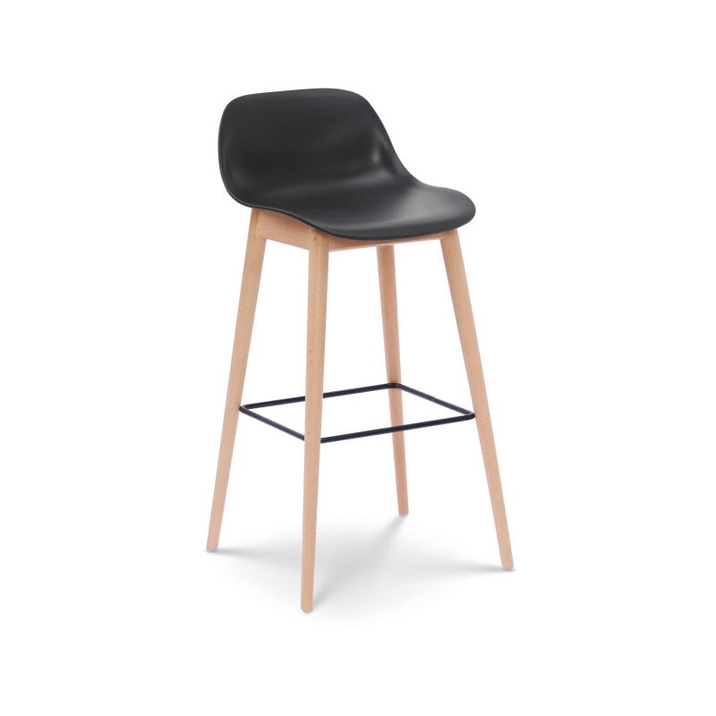 Kosmi - Tabouret de bar noir style scandinave avec pieds en bois naturel - Hauteur 76 cm