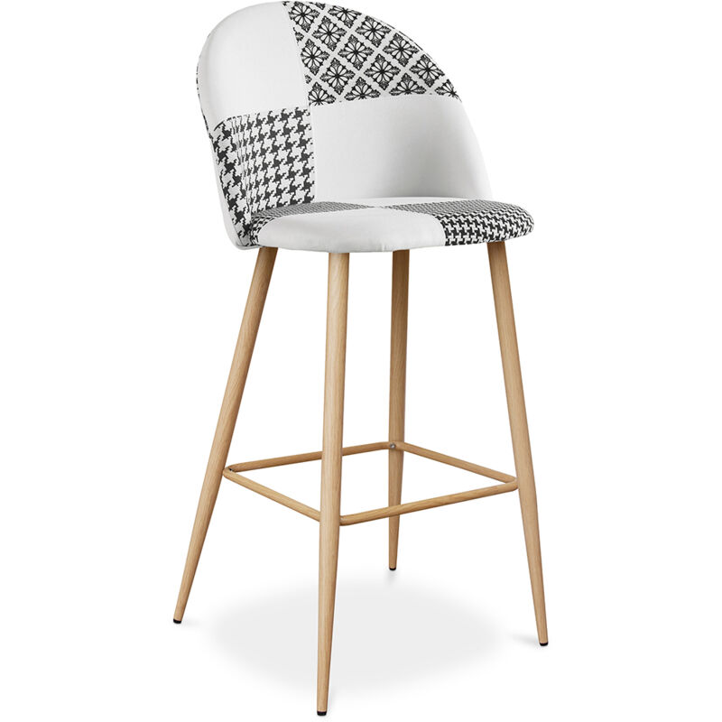 Tabouret Tapissé Patchwork - Style Scandinave - Noir et Blanc - Evelyne Blanc / Noir