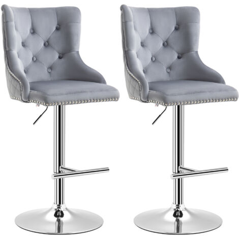 Tabouret de bar réglable en hauteur, 2 pièces, siège pivotant avec repose-pieds, acier, gris, 46 x 55 x 123 cm