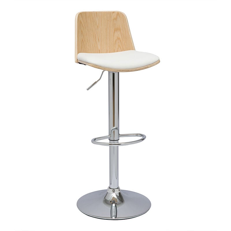 Tabouret de bar réglable blanc, bois clair et pied chromé DOA