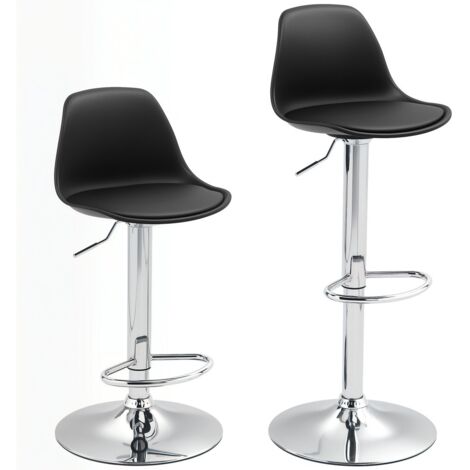 Tabouret de bar réglable pivotant - Structure acier - Simili cuir noir - 2 pièces - 40 x 41 x 66-89 (cm)