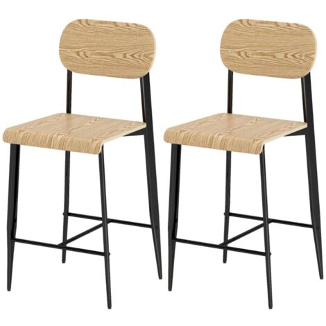 Tabouret de bar - Set 2 tabourets bar industriel - Bois/métal noir, repose-pieds - Hauteur 66cm