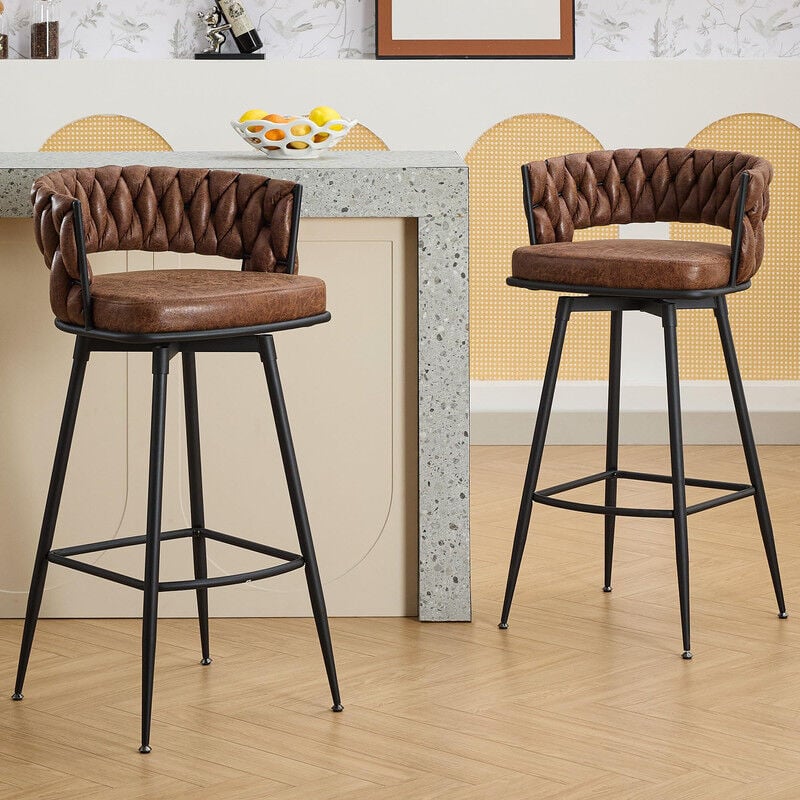 Dyhome - Tabouret de bar, set de 2, avec dossier et repose-pieds tressés, tabouret de bar pivotant, simili cuir pu, hauteur d'assise 79 cm, pour