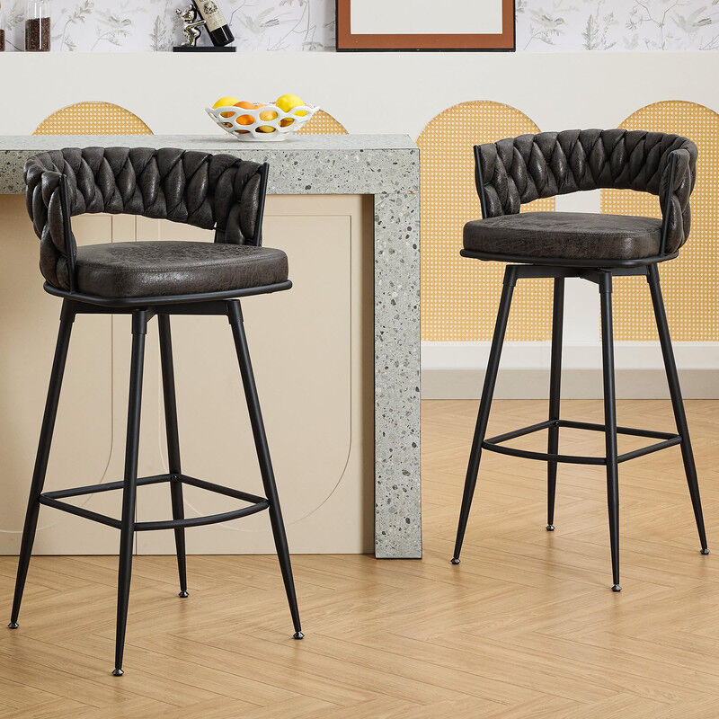 Dyhome - Tabouret de bar, set de 2, avec dossier et repose-pieds tressés, tabouret de bar pivotant, simili cuir pu, hauteur d'assise 79 cm, pour