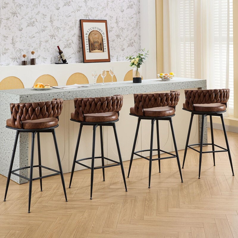 Tabouret de bar, set de 4, avec dossier et repose-pieds tressés, tabouret de bar pivotant, simili cuir pu, hauteur d'assise 79 cm, pour cuisine,