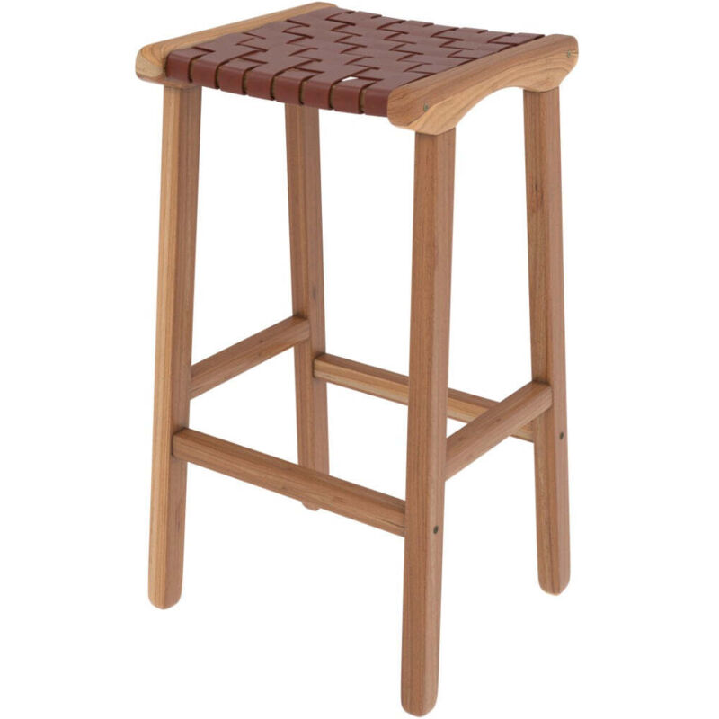 Tabouret pour îlot central 68 cm en teck et cuir tressé marron - KUNA Tabouret pour îlot central 68 cm en teck et cuir tressé marron - KUNA