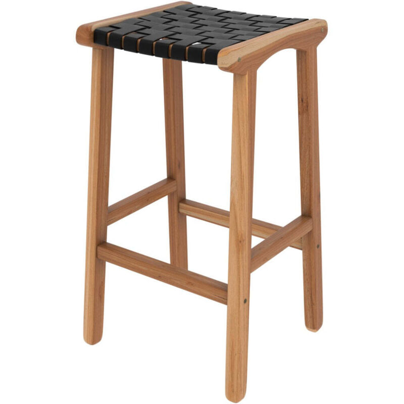 Rendez-vous Déco - Tabouret pour îlot central 68 cm en teck et cuir tressé noir - kuna