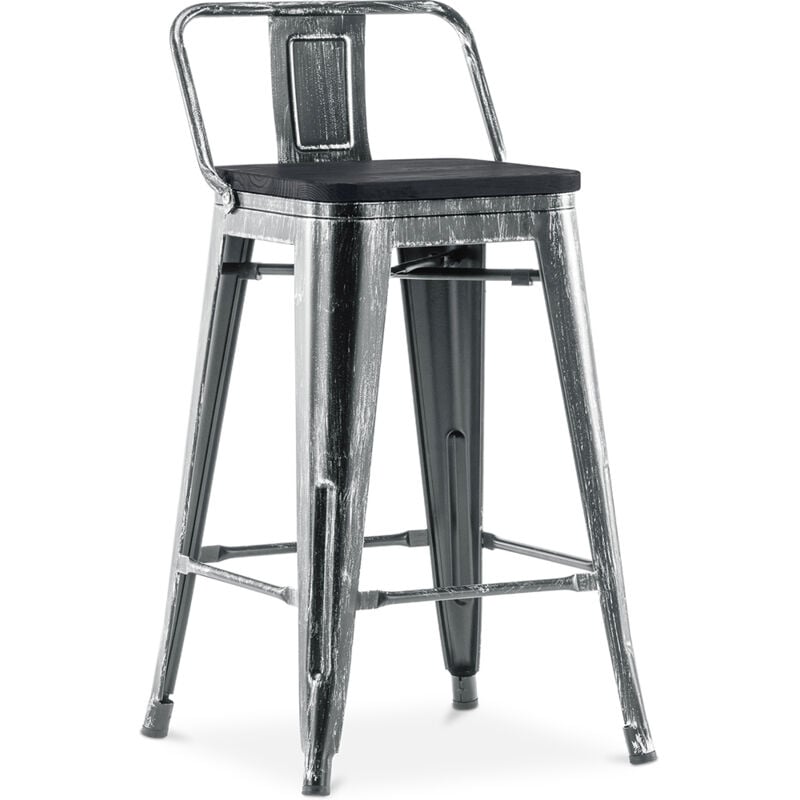 Privatefloor - Tabouret de bar style Stylix avec petit dossier - 61 cm - Métal et bois foncé Industriel
