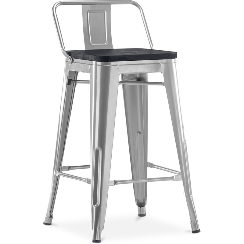 Privatefloor - Tabouret de bar style Stylix avec petit dossier - 61 cm - Métal et bois foncé Acier
