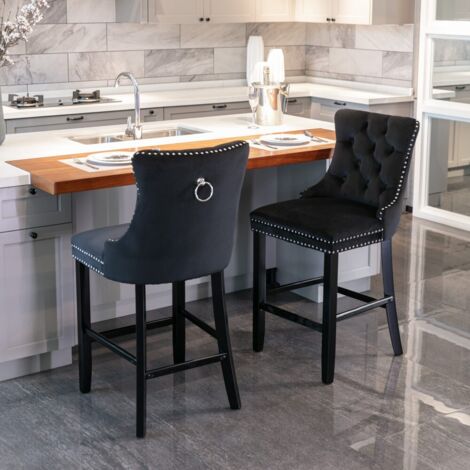 Tabouret de bar velours capitonné-pieds bois-clous chrome-style détente-2 pcs-Noir-49.5 x 60 x 103.5 (cm)