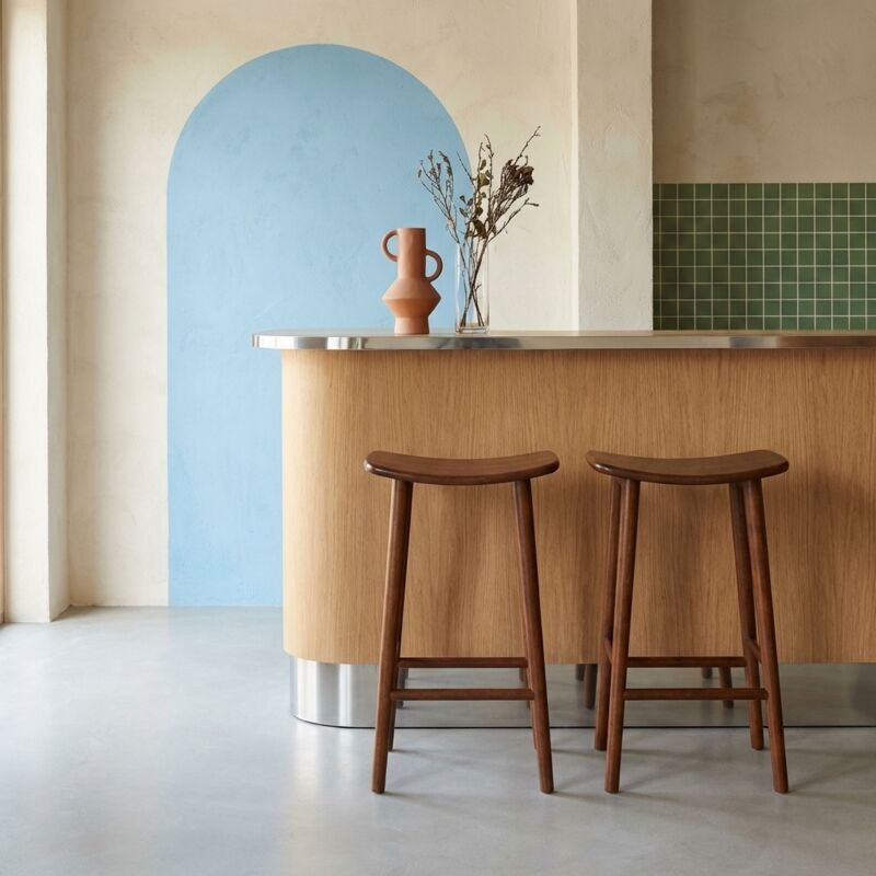 Lot de 2 tabourets de bar vintage bois d'hévéa teinte noyer - 46 x 31 x 68 cm - Louna