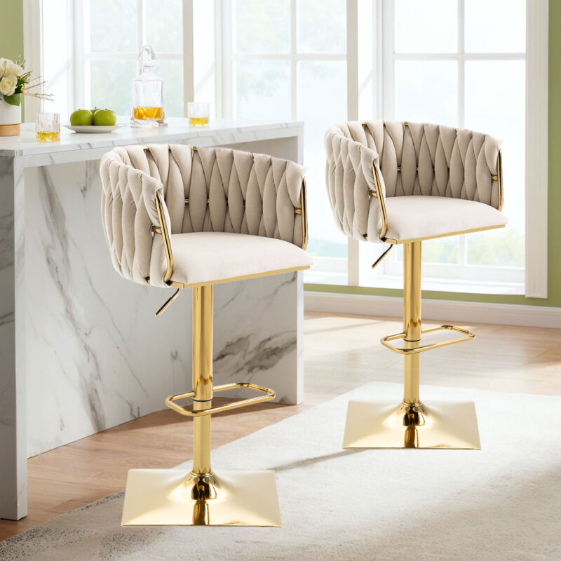 Tabouret de bar vintage, chaise de salle à manger haute avec dossier et repose-pieds, main tissé pivotant, lot de 2, beige