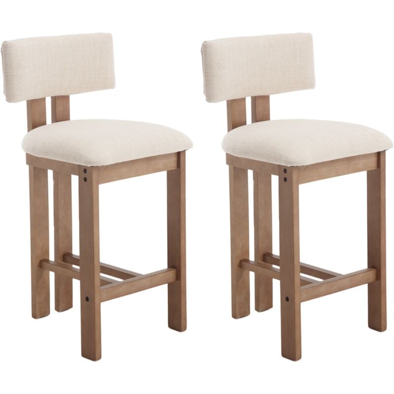 Tabouret de Bar Vintage en Bois Lot de 2 Chaise de Bar en Lin, Coussin Epais, Pied en Bois Massif, Chaise Haute Cuisine Confortable pour Bar, Beige