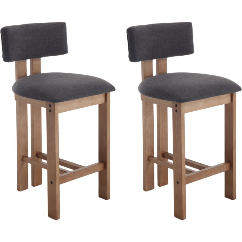 Tabouret de Bar Vintage en Bois Lot de 2 Chaise de Bar en Lin, Coussin Epais, Pied en Bois Massif, Chaise Haute Cuisine Confortable pour Bar, Gris