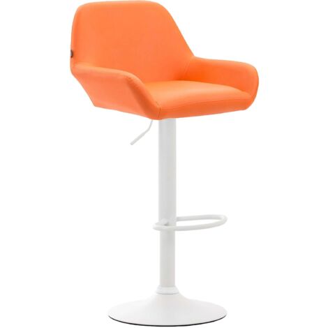 Tabouret de bar x1 en similicuir orange hauteur réglable 63-83 cm pivotant 360° piètement trompette métal blanc avec dossier et repose-pieds 100006476