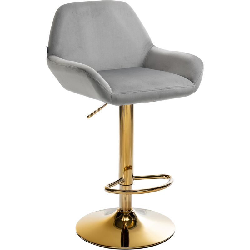 Tabouret de bar x1 repose-pieds en forme d'arc en métal doré assise en velours gris 100004542