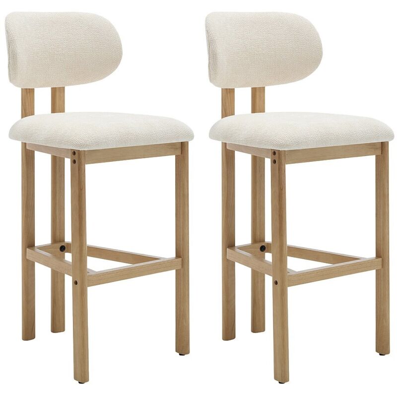 Lot de 2 tabourets de bar en tissu texturé et bois d'hévéa - Crème - YELAZ