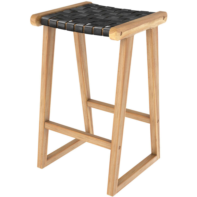Rendez-vous Déco - Tabouret pour îlot central 65 cm en teck et cuir tressé noir - yuma