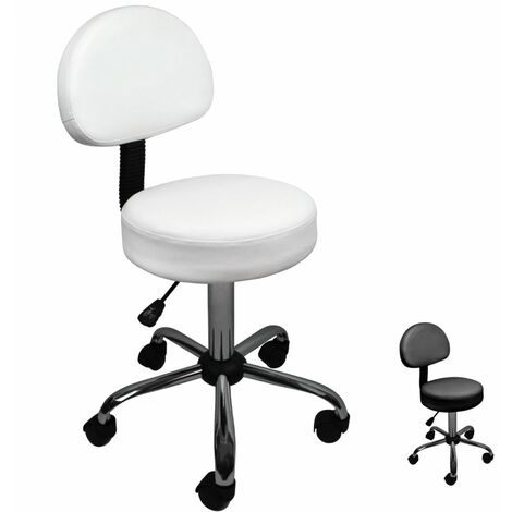 Tabouret de bureau rond à roulettes – Dossier réglable 50 à 64 cm – Pivote à 360° – Capacité 120 kg – Simili cuir blanc – Vivezen