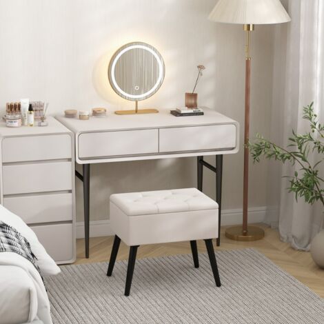 Tabouret de Coiffeuse avec Rangement Pouf en Velours avec Pieds en Bois Massif & Siège Rembourré Rabattable Tabouret Repose-pieds Beige