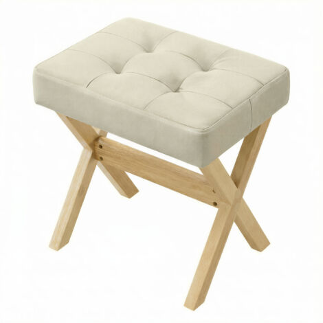 Tabouret de Coiffeuse Rembourré, Pied en Bois, pour Chambre, Dressing, Entrée, 32 x 42 x 46 cm, Beige et Naturel