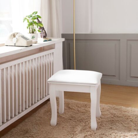Tabouret de coiffeuse, rembourré, sans dossier, avec patins antidérapants, blanc, en bois massif et PU