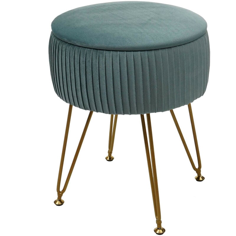 Pouf HWC-K47 - tabouret avec compartiment de rangement - ø 33cm - aspect velours - vert - piètement or