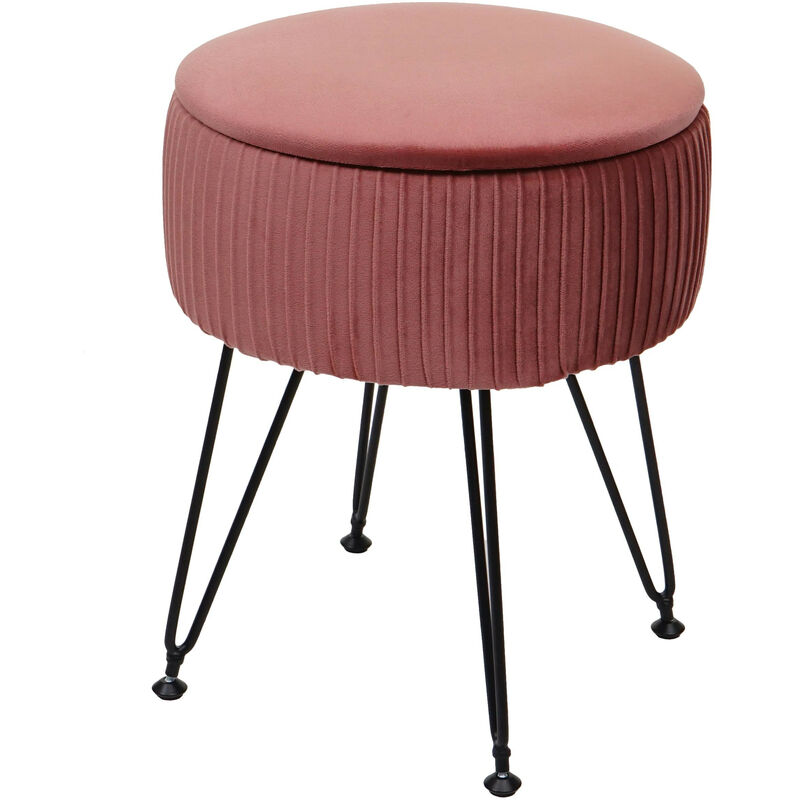 Pouf HWC-K47 - tabouret avec compartiment de rangement - ø 33cm - aspect velours - rose - piètement noir